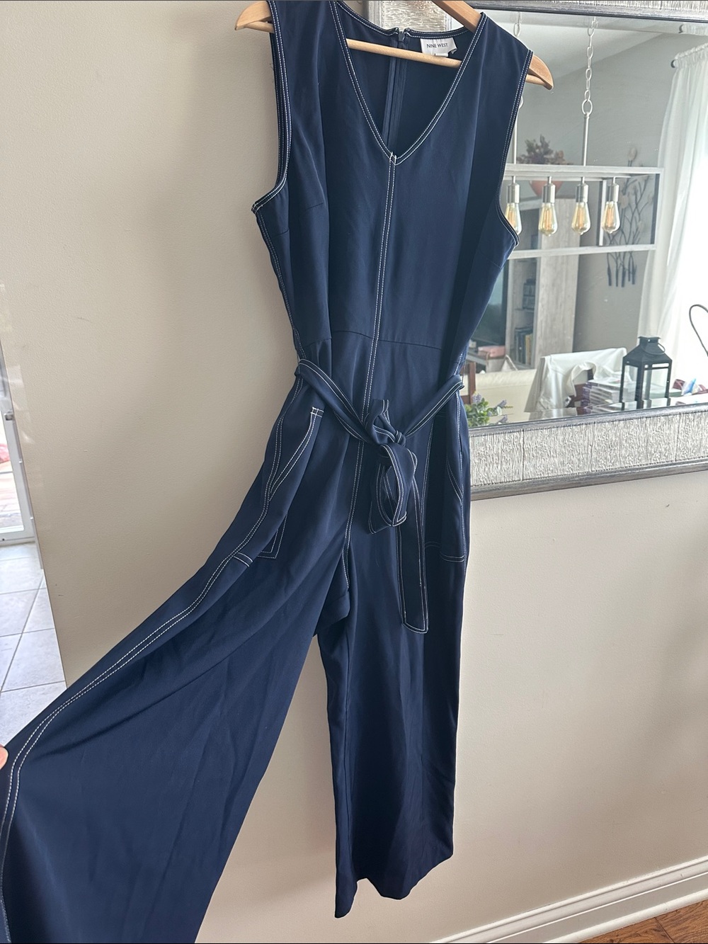 Nine West Navy Sleeveless V-Neck Romper Jumpsuit with Self-Tie Belt - Picture 3 of 4